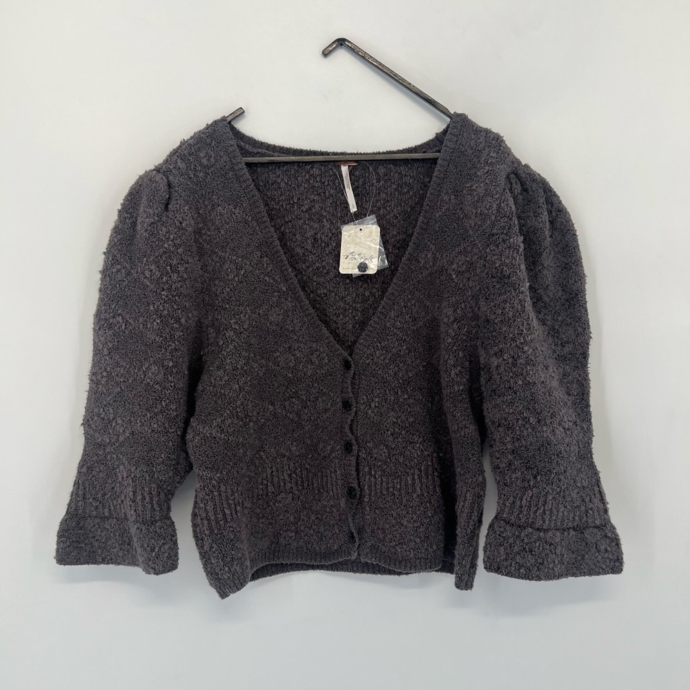 Free People Geo Structured Puff Sleeve Cropped Floral Cardi In Charcoal Grey